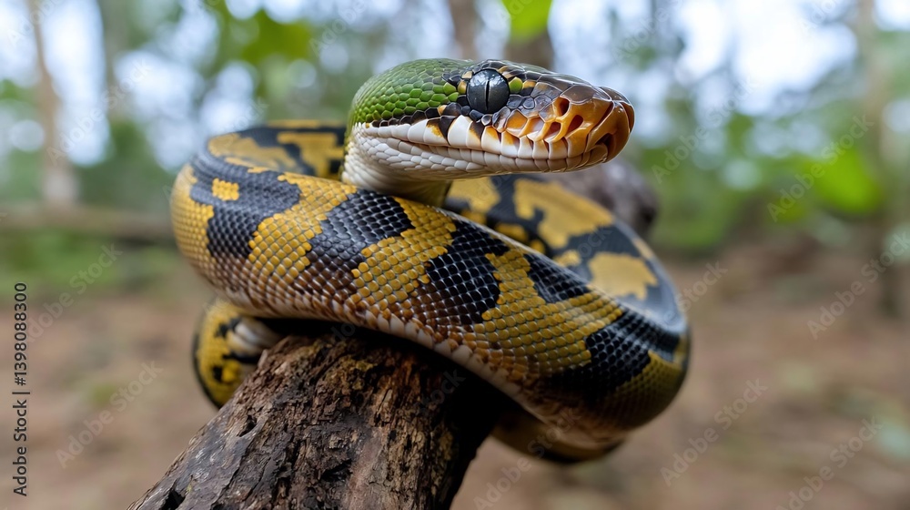 Poster close-up of a yellow and black snake coiled around a tree branch in a forest. the snake has a green 