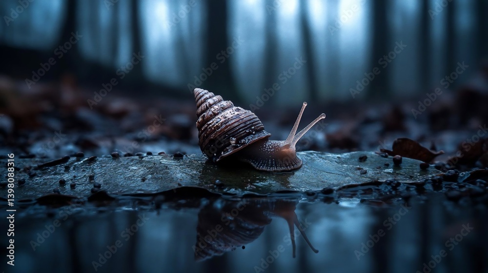 Poster snail with spiral shell reflected in dark water, autumn leaves and dark forest background. moody, at