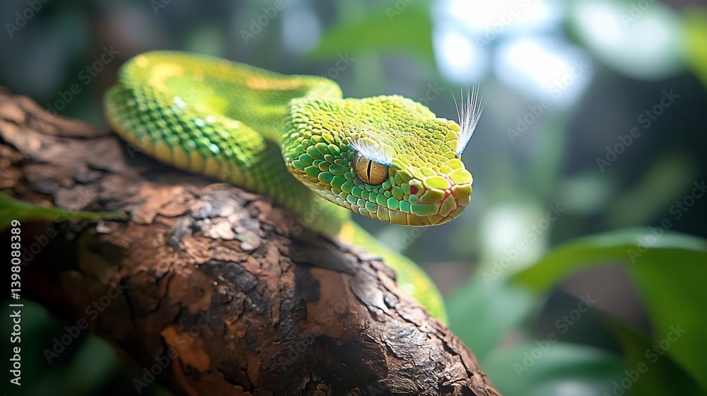 Poster close-up of a vibrant green snake with a feather on its head, coiled on a textured brown tree branch
