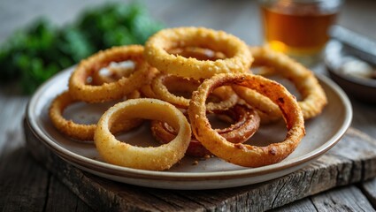 Close of delicious fried onion rings on ceramic plate set on wooden board with a glass of cold beverage, professional food photography concept
