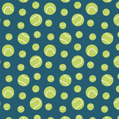 Seamless tennis ball pattern on green background.Colorful seamless pattern featuring green tennis balls of various sizes on greenbackground, ideal for sports designs.
