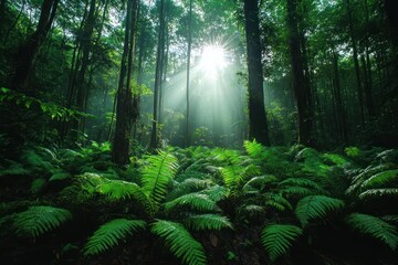 Lush forest floor bathed in sunlight