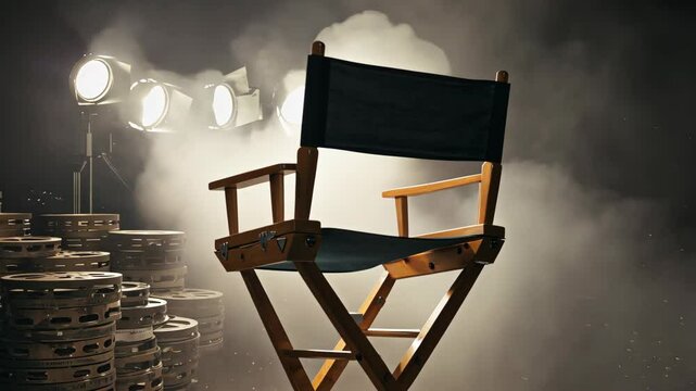 Illuminated director's chair on set with film reels and theatrical lights bathed in mist, creating a backstage atmosphere.