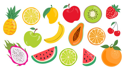 Set of different fruits. Collection of organic vitamins and healthy nutrition, tropical and summer fruits