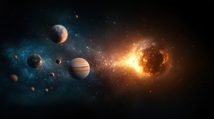 An awe-inspiring depiction of a stellar explosion in space, showcasing the dynamic interaction between planets and a fiery celestial event, capturing the vastness of the universe.