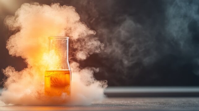 An intense capture of a laboratory flask surrounded by vibrant smoke, symbolizing creativity and scientific exploration, perfect for educational and commercial use.