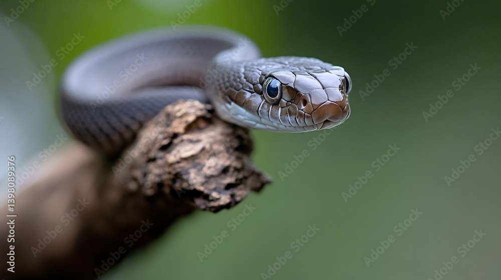 Poster close-up of a gray snake coiled on a dark brown branch against a blurred green background. the snake