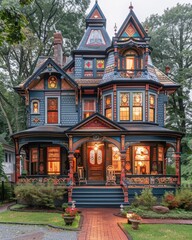 Fototapeta premium Ornate Victorian home with colorful details, glowing windows, and surrounded by greenery.