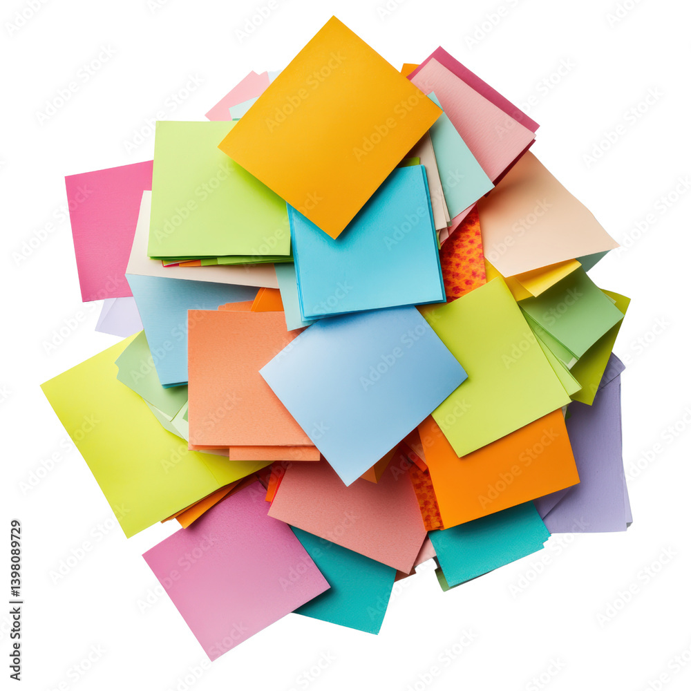 Poster assorted pile of colored sticky notes in various shades stacked neatly on a flat surface for easy ac