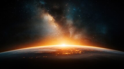 An impressive view of Earth enveloped in the beauty of cosmic splendor, showcasing vibrant colors from the sun rising over the horizon, mixing shades of orange with starry skies.