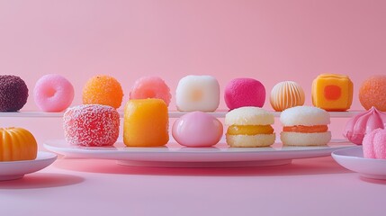 Pastel vibrant Osaka sweets on minimalist tableware, generated AI