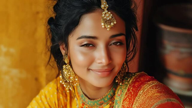 A young Hindu woman model wearing a bracelet, tikka, earrings, and a golden Kundan jewellery set.  Traditional Indian attire, such as a saree or lehenga choli