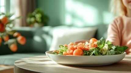 A vibrant and colorful salad beautifully presented on a plate, capturing the essence of freshness and healthy eating in a modern, well-lit home environment.