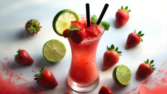 Strawberry Daiquiri served with lime and fresh strawberries as garnish.