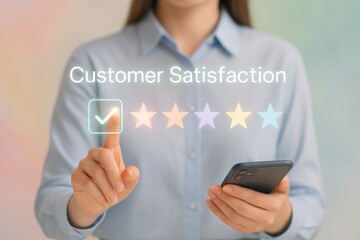Businesswoman is using smartphone and giving five star feedback for customer satisfaction survey, increasing company rating and improving service quality