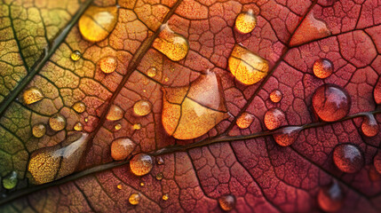 A close-up view of vibrant autumn leaves adorned with fresh water droplets, highlighting intricate vein patterns and rich colors like orange, red, and brown.