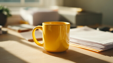 A yellow mug on a desk with papers and a plant in the background bathed in morning sunlight indoors