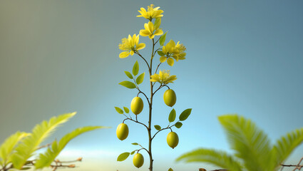 Obraz premium Conceptual Plant With Yellow Flowers And Fruits Against Soft Gradient Sky