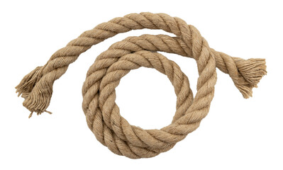 Rope made of jute in loops and knots on a white background. Linen twisted rope isolate