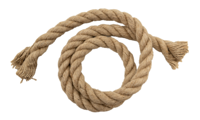 Rope made of jute in loops and knots on a white background. Linen twisted rope isolate