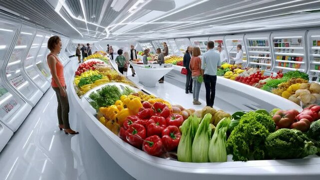 Modern Food Shopping: A contemporary food store showcasing fresh produce and diverse shoppers, exuding cleanliness, modernity and healthy lifestyle.