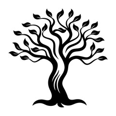 A stylized black and white illustration of a majestic ancient tree with numerous leaves and a thick twisted trunk