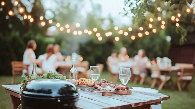 A rustic outdoor dinner table is filled with grilled food and drinks while guests chat in the background. Concept of community gathering, casual celebration, and shared meals.