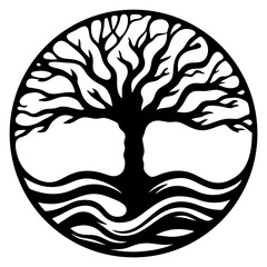 Circular Tree of Life Design Black and White Ink Drawing