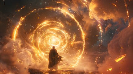 A mystic shaman standing before a portal of swirling galaxies, golden energy forming at their fingertips, cinematic celestial prophecy