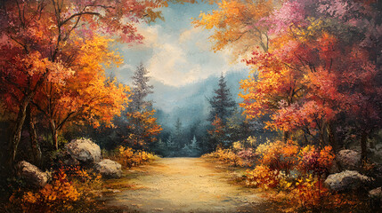 Fototapeta premium Autumn Forest Path with Colorful Trees and Misty Background