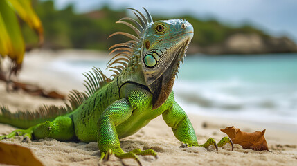 una iguana o lagarto verde colorido y vibrante descansando sobre la arena a la orilla del mar con un clima tropical fauna tropical de la naturaleza