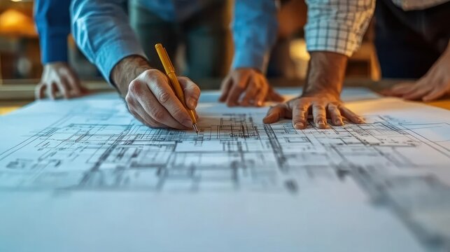 Team meticulously reviewing blueprints