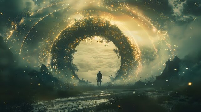 A mystic traveler stepping through an ancient portal, entering a world where time flows in reverse, cinematic supernatural time paradox