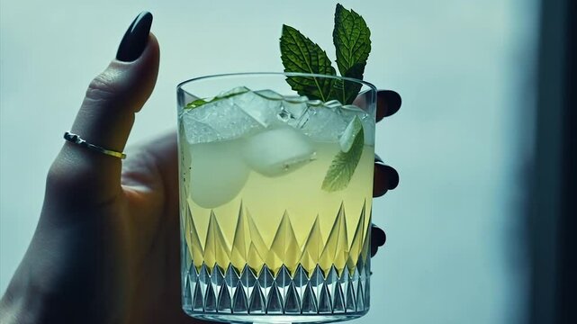 Refreshing pale yellow cocktail, ice, mint garnish