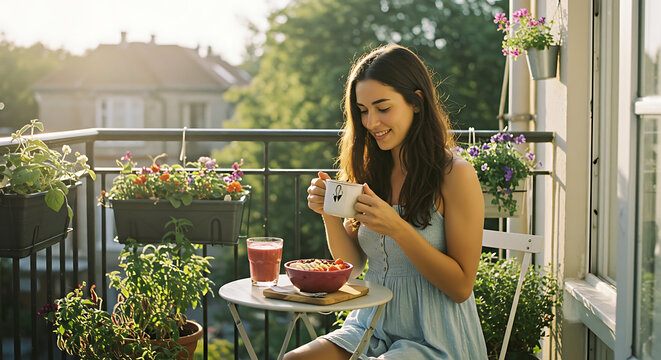A woman enjoying breakfast beside a small balcony garden. Smoothie bowl, coffee mug, greenery in the background. Morning sun and calm vibe.