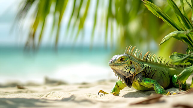 un camaleon iguana o lagarto verde vibrante sobre la arena debajo de una palmera tomando sombra a la orilla del mar en el verano con espacio de copia 