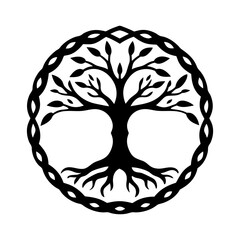 Celtic Tree of Life Symbol Encircled in an Intertwined Knot Design Elegant Black and White Illustration