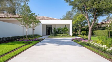 Modern house exterior with manicured landscaping and driveway