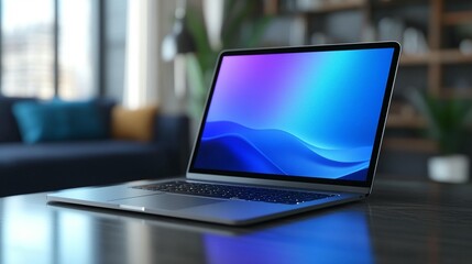 Modern laptop with vibrant screen display in a stylish home office.