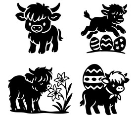 Naklejka premium Cute illustrated calves in various playful poses with Easter elements.