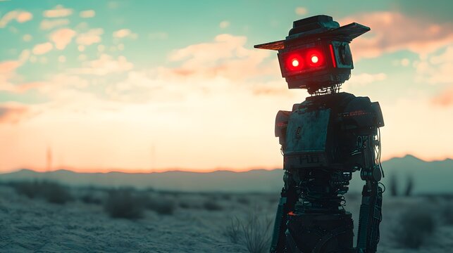 A robot cowboy standing alone on a barren cybernetic desert, scanning the horizon with glowing red eyes, cinematic cyber-western isolation