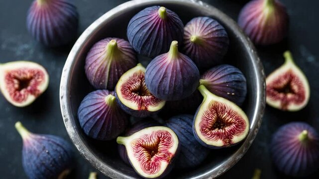 Close-up display of fresh ripe figs in a bowl against a dark background.