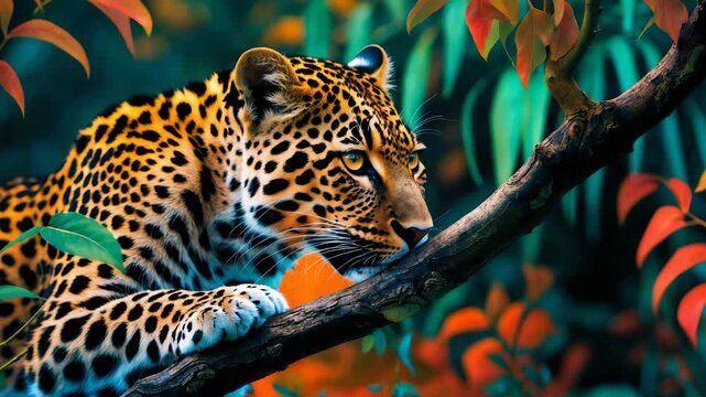A leopard rubs her head against a branch.