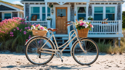 Bicycle Adorned With Flowers On Beachfront With Cottage Home In Background