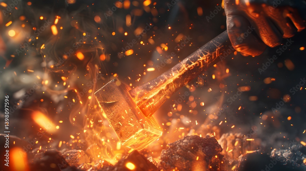 Poster a celestial blacksmith forging a weapon of pure light, cosmic fire cascading from his hammer with ev