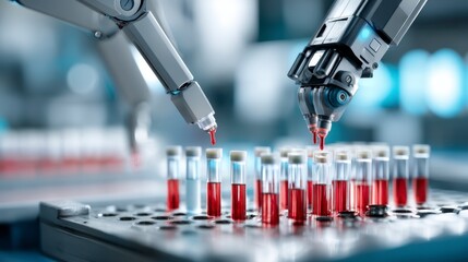 Advanced Robotic Arms Conducting Blood Sample Analysis in High-Tech Laboratory Setting