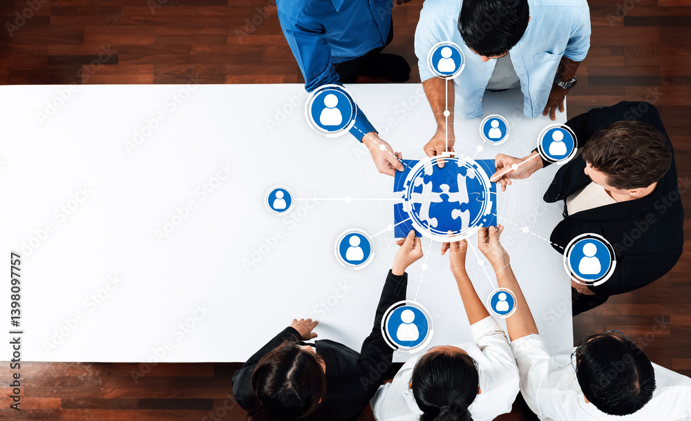 Fototapete a diverse group of professionals gathers around a table, engaging with a puzzle globe, symbolizing c