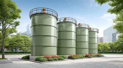Renewable energy site with biogas storage tanks, methane processors, and eco fuel refinement systems, clean environment concept