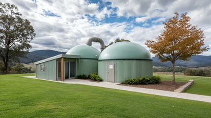 Wide view of rural renewable energy farm with biogas tanks, eco fuel ducts and natural surroundings