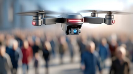 Obraz premium Aerial Drone Flying Over Crowd in Urban Setting with Blurred Background